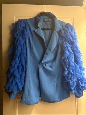 Blue Ruffle Sleeve Double-Breasted Blazer